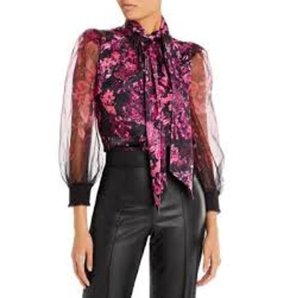 Alice and Olivia Brentley Tie Neck Floral Print Blouse Whimsigoth Women Medium